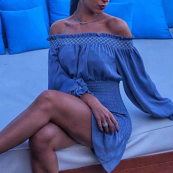 Blue ruched off the shoulder dress - Picture 2 of 5